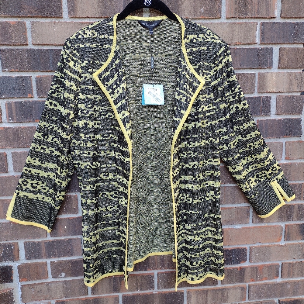 Ming Wang Knit Cardigan Blazer Open Front Slit Sleeve Yellow Black - Picture 2 of 9